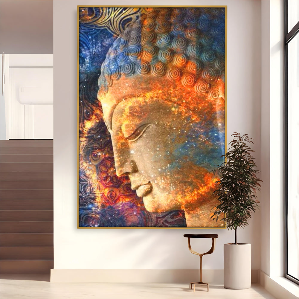 Tablou canvas cu tablou canvas cu profilul lui buddha, in rama de aluminiu auriu